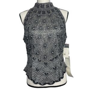 Papell Boutique Evening 100% Silk Beaded Sleeveless Mock Neck Blouse Size XL
